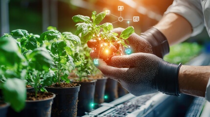 Aufkleber - High resolution image of smart farming system showcasing person holding young plant with technology icons. scene emphasizes innovation in agriculture and sustainable practices
