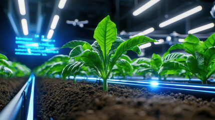 Aufkleber - High tech farm with drones monitoring crop growth, showcasing vibrant green plants in soil. Innovative agricultural technology enhances productivity and sustainability