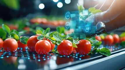 Leinwandbilder - Automated farming technology with robotic arm harvesting ripe tomatoes, showcasing high tech agriculture. scene highlights innovation in food production and sustainability