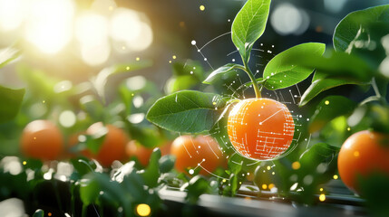 Leinwandbilder - high tech farm scene featuring vibrant orange fruits growing on plants, illuminated by sunlight. image showcases advanced agricultural technology and innovation