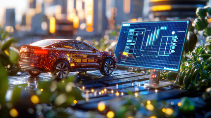 Poster - futuristic electric vehicle model with digital display, surrounded by greenery, showcases advanced technology and sustainability in urban setting