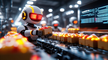 Leinwandbilder - futuristic food processing plant with robots sorting and packaging food. scene showcases advanced technology and automation in vibrant, high tech environment