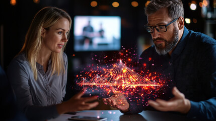 Aufkleber - Engineers discussing project ideas with holographic visuals, showcasing creativity and collaboration in modern workspace. atmosphere is dynamic and innovative
