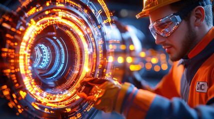 Aufkleber - focused engineer inspects complex technological interface, showcasing vibrant orange and blue lights. scene captures essence of innovation and precision in engineering