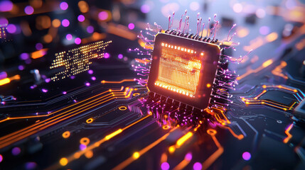 Poster - vibrant microchip surrounded by glowing circuits and digital elements, showcasing advanced technology and innovation in electronics