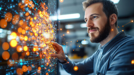 Aufkleber - Innovative man interacting with digital data visualization, showcasing technology and creativity. His focused expression reflects excitement of discovery and innovation
