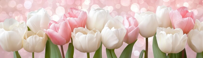 Wall Mural - Closeup of vibrant pink and white tulips in full bloom 