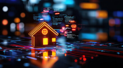 Poster - digital representation of smart home with glowing features, showcasing advanced technology and data integration. This highlights future of home automation and energy efficiency