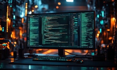 Computer screen displays glowing code; dark workspace.
