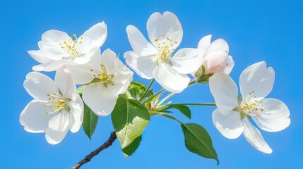 Blossoming apple tree branch against blue sky, spring floral backdrop for design
