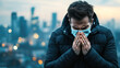 © kongkiat chairat - man coughing into his hands while wearing mask in cityscape