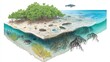 © wicha - diagram of a coastal ecosystem, showing intertidal zones, mangroves, and estuaries, and explaining