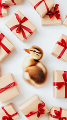 Baby duckling small gift boxes tied festive ribbons whimsical holiday scene merry Christmas design greeting card seasonal decor jolly kids newborn nursery decor fluffy chick bird goose storytelling