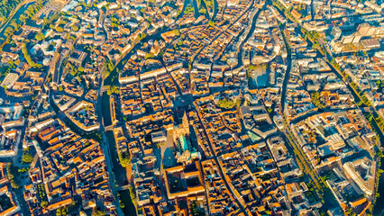 Wall Mural - Strasbourg, France. Watercolor illustration. Strasbourg Cathedral - Built in the Gothic style, the cathedral of the 13th century. Summer morning, Aerial View