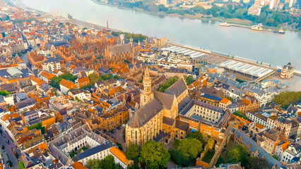 Wall Mural - Antwerp, Belgium. Watercolor illustration. Cathedral of St. Paul. The City Antwerp is located on the river Scheldt (Escaut). Summer morning, Aerial View