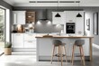 © Abian rasyid - Modern White Kitchen Island with Wooden Accents and Grey Stools
