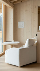 Wall Mural - Cozy interior with a soft chair and minimalist design in a serene mountain retreat