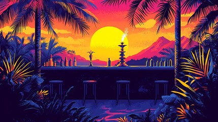 Wall Mural - Tropical Sunset Bar Scene Vibrant illustration of a bar with bottles, hookah, and stools set against a stunning sunset backdrop in a lush tropical paradise.