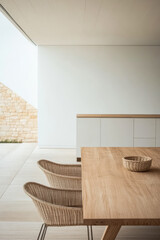 Wall Mural - Modern minimalist dining area featuring natural materials and open space design