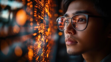 Focused Man Contemplating Data Wall at Night