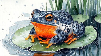 Wall Mural - Vibrant Watercolor Painting of a Frog Resting on a Lily Pad.