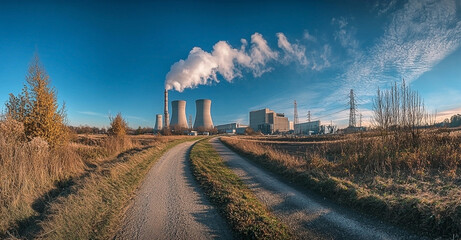 Power plant with chimney and smoke along a dirt road in rural area