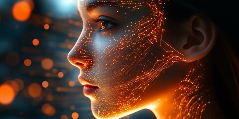 Wall Mural - Girl's face, circuit overlay, bokeh background, AI concept