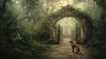 Wall Mural - Companion dogs breed security concept, Mysterious forest scene featuring a dog near a weathered stone archway.