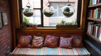 Wall Mural - Cozy Window Seat with Hanging Planters