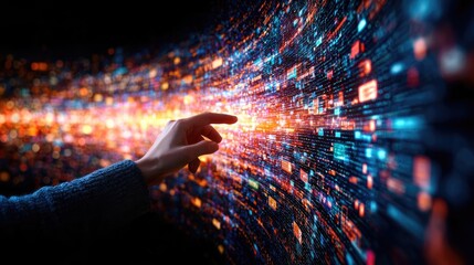 Hand interacts with digital data stream; futuristic background; technology concept