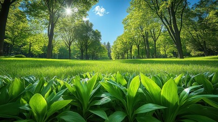 Wall Mural - Sunny park, lush green grass, trees, sunlight, nature, spring, landscape, walkway, serenity, background