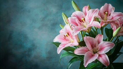 Wall Mural - Vase filled with pink flowers on a blue background vibrant floral arrangement for home decor