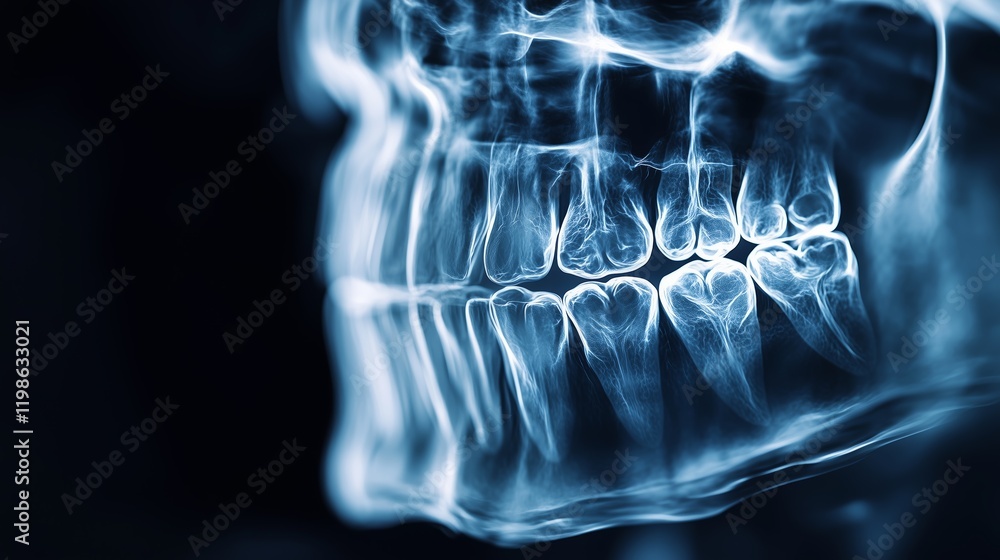 X-ray of a human skull showing detailed teeth and jaw structure Stock ...