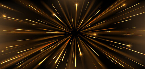 Wall Mural - Speed light effect with radial golden glowing lines and bright sparkling particles bursting from center on dark background for sci-fi tunnel, hyperspace jump or festive firework design element.
