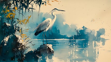 Wall Mural - Serene Heron by the Water A Watercolor Painting of a Great Blue Heron Perched on a Rock.