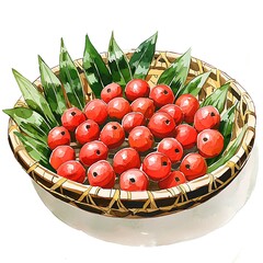 Canvas Print - Watercolor painting of a bowl of red berries nestled in green leaves.