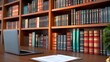 © suraida - A neat bookshelf filled with law books and files stands above a desk with papers and a laptop. Soft lighting highlights the space.