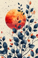 Wall Mural - Abstract art with leaves and a vibrant sun illustration