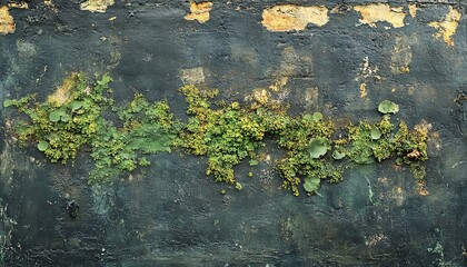 Old brick wall with green moss texture growing over the cement, highlighting the contrast between nature and decay, creating a rustic atmosphere