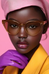 Wall Mural - Close-up of a stylish model in bright colors with glasses and gloves