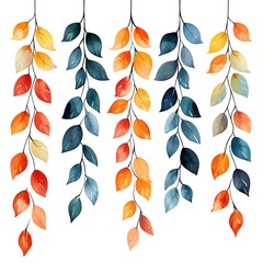 Wall Mural - Five Watercolor Paintings of Hanging Autumn Leaves in Varying Colors.