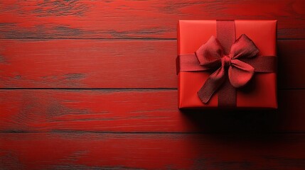 Wall Mural - A beautifully wrapped red gift box with a bow on a wooden surface, perfect for celebrations.