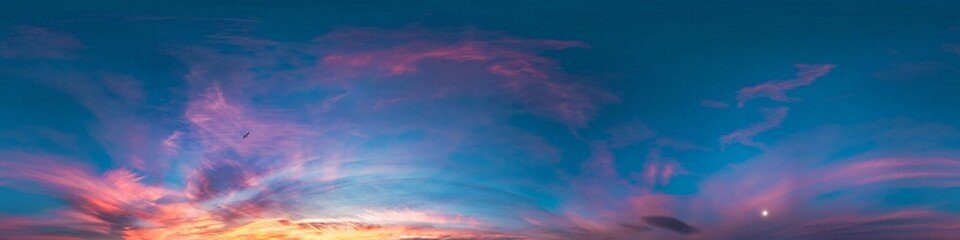 Wall Mural - sunset sky with bright glowing pink cirrus clouds. seamless spherical hdr 360 panorama. full zenith 