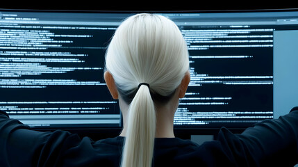 Programmer works with source code on widescreen monitor diligently in a dark room.