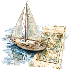 Wall Mural - Watercolor Illustration of a Classic Sailboat on the Ocean with an Antique Map.