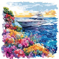 Wall Mural - Vibrant Floral Coastline with Luxury Yacht at Sunset.