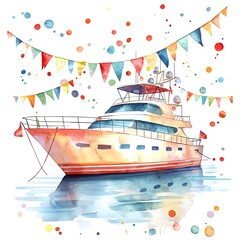 Wall Mural - Festive Watercolor Painting of a Luxury Yacht Decorated with Colorful Bunting.