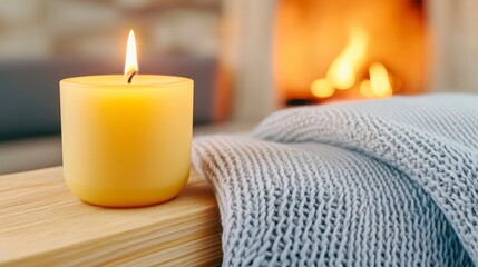 Cozy candlelight ambiance with a knitted blanket and fireplace glow