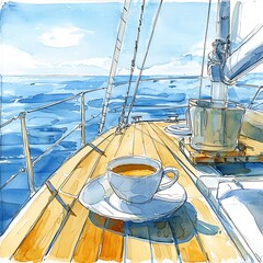 Wall Mural - Watercolor painting of a cup of coffee on a sailboat deck at sea.