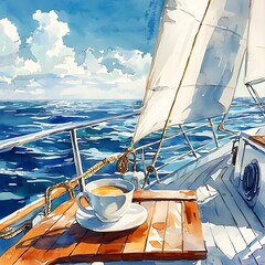 Wall Mural - Watercolor painting of a cup of coffee on a sailboat deck at sea under a bright sunny sky.